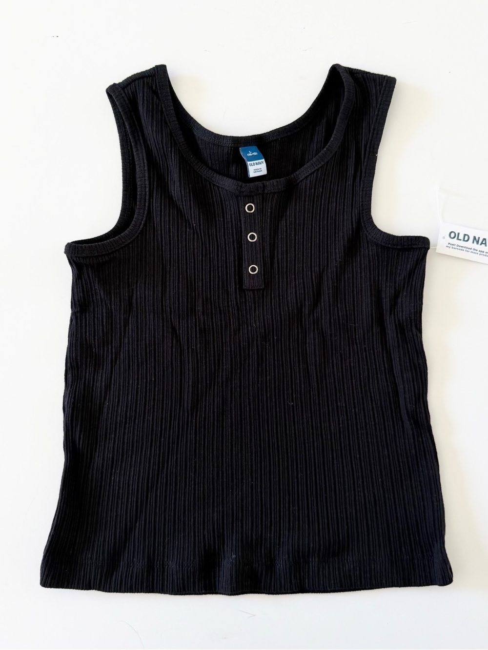 Black Ribbed Tank Top with Button Detail